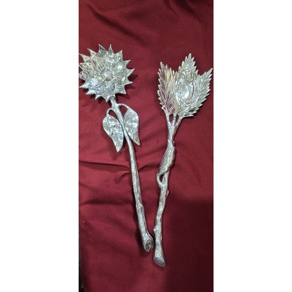 NWOT Ornate Two's Company Sunflower & Leaf Serving Pieces Salad Silver Tone Cool - Picture 1 of 5
